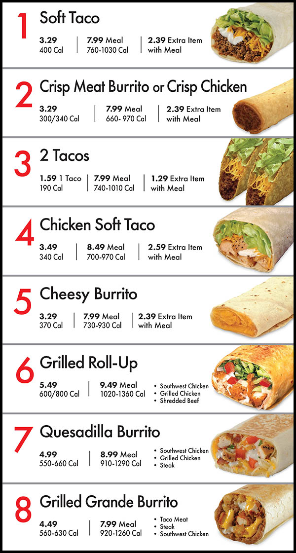 Amigos / Kings Classic Menu
1Soft Taco 2.89 6.79 Meal
400 Cal 760-1030 Cal
1.99 Extra Item
with Meal
2Crisp Meat Burrito or Crisp Chicken 2.99 6.99 Meal
300/340 Cal 660- 970 Cal
1.99 Extra Item
with Meal
32 Tacos 1.39 1 Taco 6.29 Meal
190 Cal 740-1010 Cal
.99 Extra Item
with Meal
4Chicken Soft Taco 2.99 6.99 Meal
340 Cal 700-970 Cal
2.49 Extra Item
with Meal